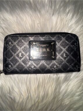 L.A.M.B. Black and Silver Monogram Zip Wallet